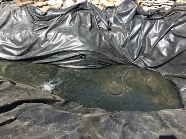 Finished putting in the returns in the pond and started filling the pond. The pond digger will be working on minimizing the wrinkles by folding and pulling as the pond fills.