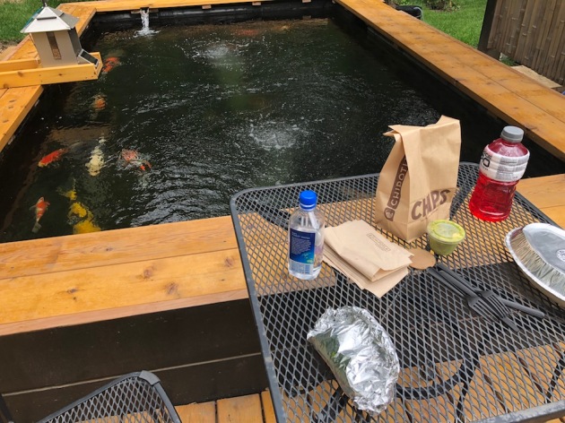 Our weekend meals are often taken outdoors. Door dash is one of the greatest services as well as call ahead to various places. It's nice to eat with the koi. They are always curious and hopeful that we will feed them. We never give them anything except koi food.